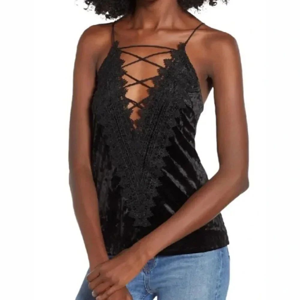Wayf Poise Velvet Strappy Camisole -  size Medium in Black.